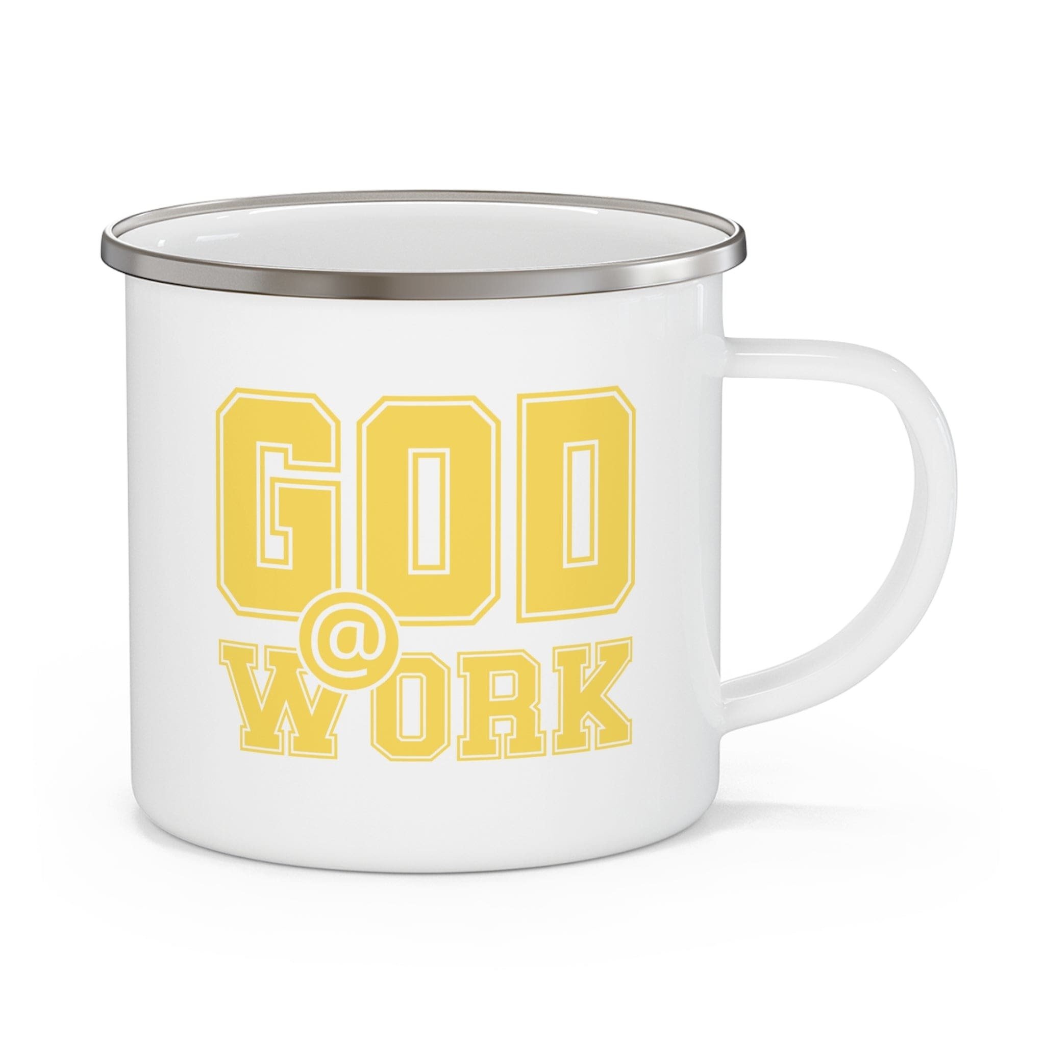 Enamel Camping Mug, God @ Work Yellow And White Print