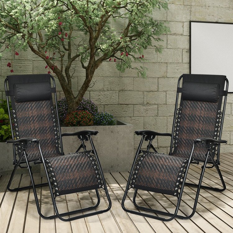 2 Pieces Folding Patio Rattan Zero Gravity Lounge Chair (Color: Light Brown)
