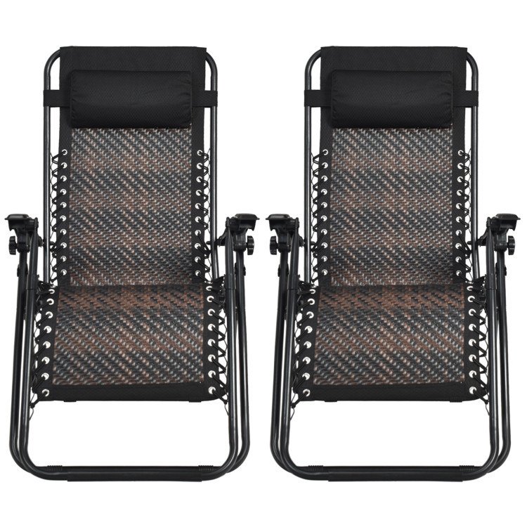 2 Pieces Folding Patio Rattan Zero Gravity Lounge Chair (Color: Brown)